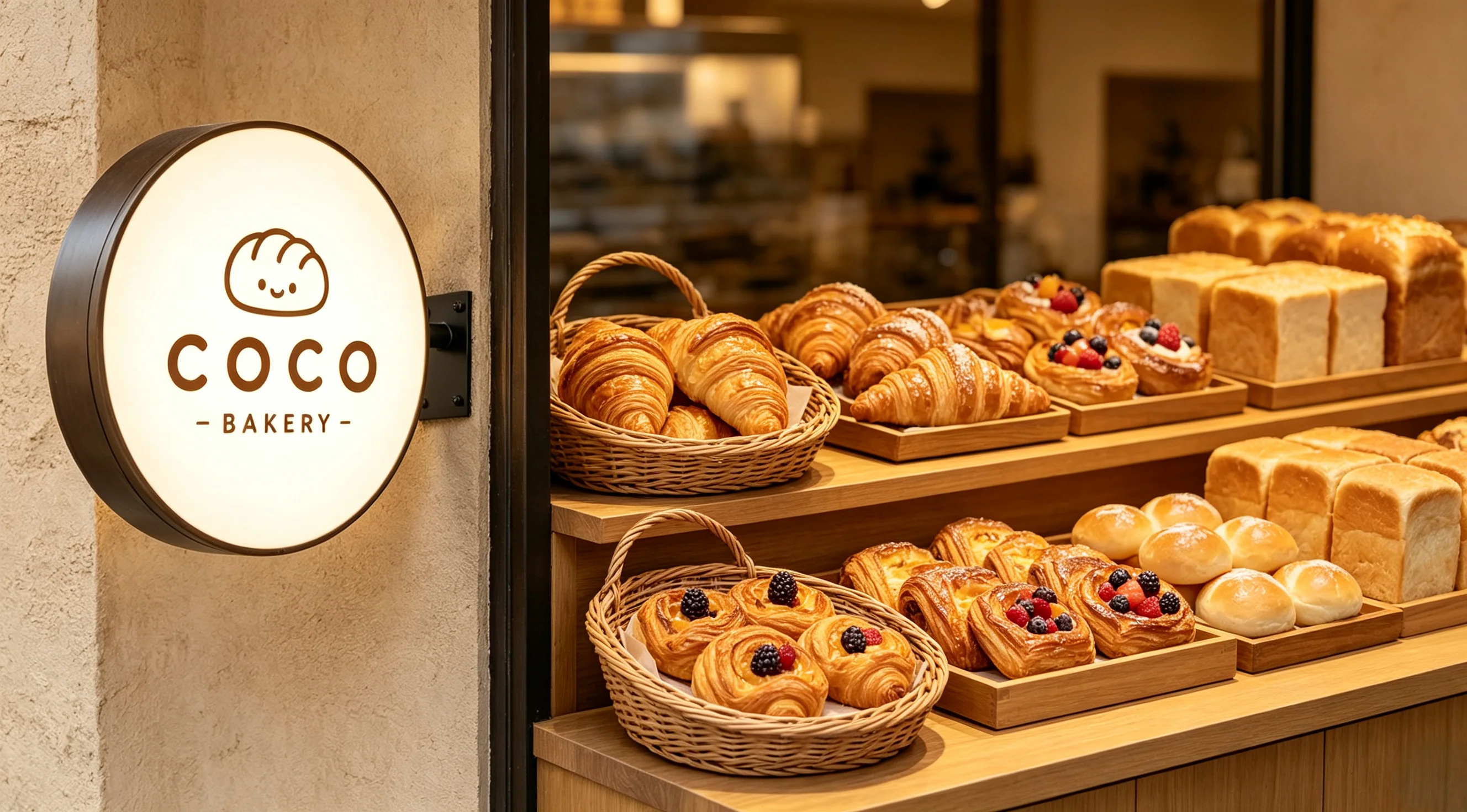 COCO Bakery店舗の壁面にある丸い発光サイン